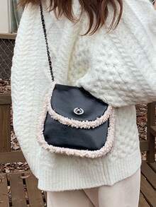 2025 New Autumn/Winter Fashion Chain Faux Shearling Crossbody Bag, Ins Half-Circle Saddle Shoulder Bag For Women