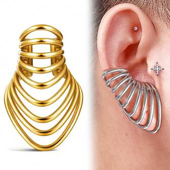 1pc Cool Glossy Ear Clip On Earrings No Piercing 316L Stainless Steel Jewelry Earrings Nine Circles Ear Cuff For Women Men Fashion