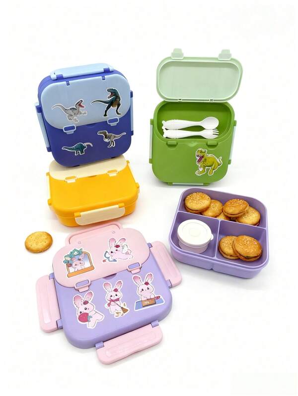 1pc Portable Lunch Box For Kids/Microwave Lunch Box/Office Worker Lunch Box/PP Material, Approx. 1000ml Capacity. Lightweight And Beautiful/ Material/Equipped With Four Sturdy Buckles/Sealed Leak-Proof Multi-Layer Mesh Design, Odorless, Easy To Clean, Handle For Convenience, Includes Independent Fork And Spoon Storage Box, Sauce Container Included/(Main Image Shows Custom Sticker Effect) The Sticker Is Waterproof And Microwave-.