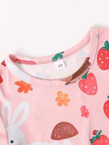 New Cute Girls Nightgown, Strawberry Rabbit Print Children Nightdress, Round Neck Short Sleeve Ruffle Hem Girls Dress, Casual Comfortable Sleepwear - Pink - View 4