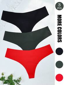 3条装女士丁字裤 - 黑色、红色、绿色“67”印花 | 无缝舒适贴合 - 彩色 - 查看 2