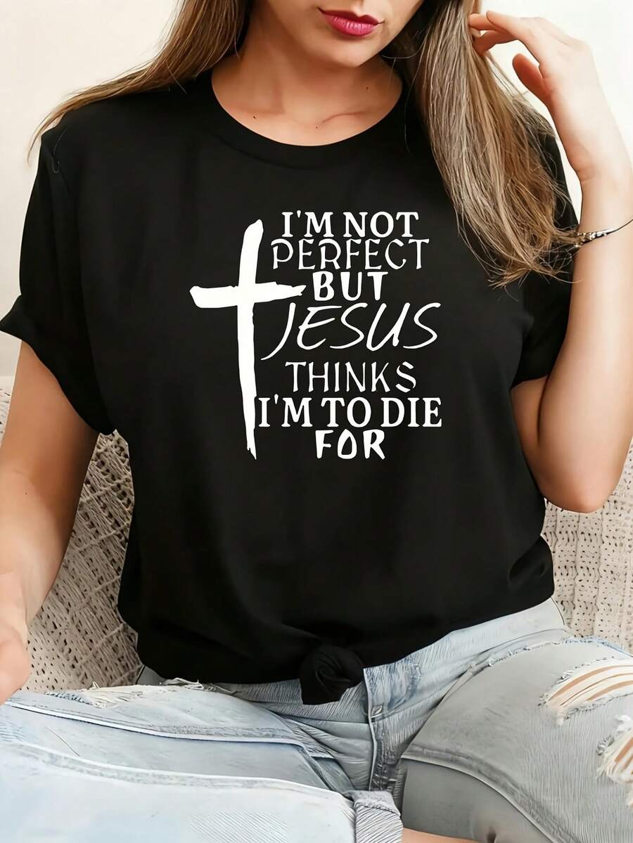 No soy perfecto sino Jesús Camiseta de algodón 100% femenino camiseta Casual 220g Funny Graphic Short Sleeve 1 PCS Tee Novelty Crew Neck Oversized Top - Negro - Ver 1