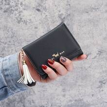 Cartera corta para mujeres estilo coreano y japonés con borla, cartera triple linda para estudiantes, tarjetero - rosa - Ver 6