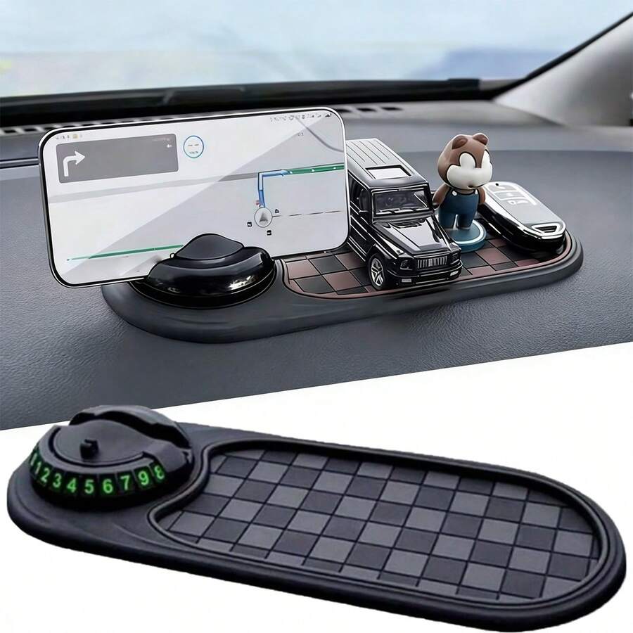1pc 360° Rotating Car Anti-Slip Mat With Car Phone Holder & Parking Number – Active Anti-Slip Dashboard Organizer For Keys, Mobile Phones, And Navigation Devices. Durable Black Design Suitable For Car Interior Decoration, Car Phone Holder, Navigation Aid, And Car Accessories.