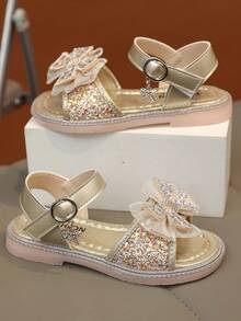 1双时尚百搭女童珍珠水钻蝴蝶结装饰可爱平底凉鞋，圆头设计，适合日常穿着、跳舞、户外活动，亮片装饰闭趾公主鞋，春秋季款 - 金色 - 查看 5