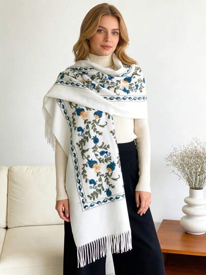 1 pièce Foulard bohème brodé, foulard haut de gamme en blanc pur, foulard polyvalent à la mode épais et chaud en fausse cachemire, élégant et premium