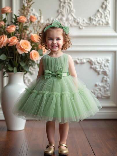 Baby Girls Sleeveless Solid Color Tulle Waist Bow Fluffy Skirt, Elegant Dress Suitable For Birthday Party, Hair Band Included