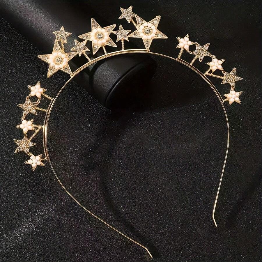 1pc Fashionable, Light Luxury, Simple Zinc Alloy Headband, Inlaid With Rhinestones, Stars, And Five-Pointed Stars, Festive Celebration Hair Accessory, Crown Fashion Headpiece For Valentine's Day Valentine's Day Accessories Gift - Multicolor - View 1