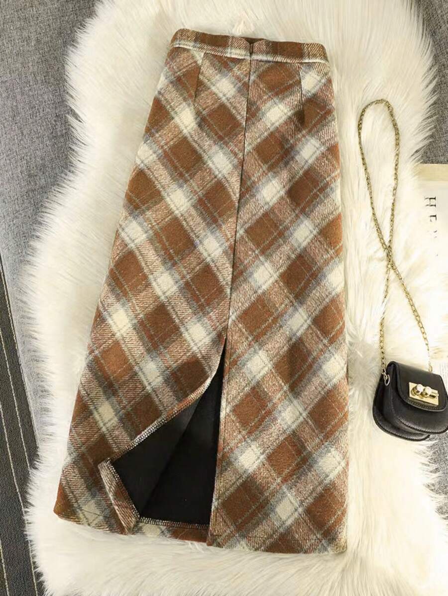 Women's Plaid Skirt, Casual Party Skirt, Fashionable Elegant Skirt, Winter Skirt, New Year's For Women, Valentine's Day For Women - Khaki - View 1