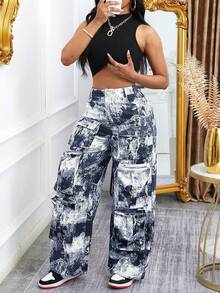 Women's Straight Leg Cargo Pants, Multi-Pocket Tactical Jogger Pants, Loose Fit, Casual Utility Pants, Suitable For Women's Street Wear - Dark Wash - View 5