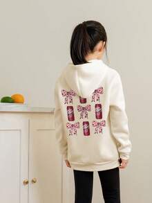 1pc Tween Girl Casual Printed Pullover Hoodie Sweatshirt, Thermal Lined, Long Sleeve, Autumn/Winter Student Youth Clothing - Apricot - View 2