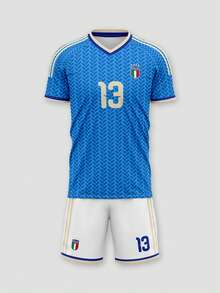 两件套定制意大利足球球衣风格运动服，采用世界杯国家队风格设计。这款运动T恤专为2026年世界杯设计，可定制字母和姓名，适合作为礼物、父亲节礼物或庆祝活动T恤。夏季旅行必备。 - 藍色 - 查看 3