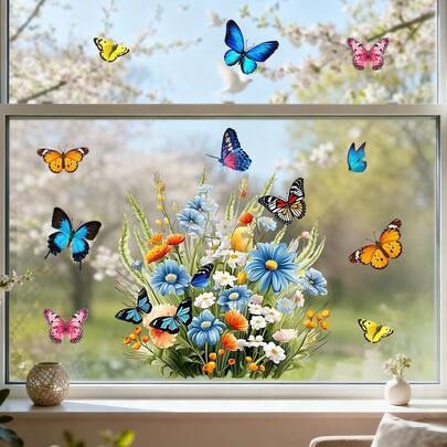 1pc Spring Floral Window Cling, Butterfly Bouquet Pattern, Static Cling, Suitable For Glass, Anti-Collision Sticker, Reusable Vinyl Film, Applicable For Kitchen Sliding Doors, Home Decor