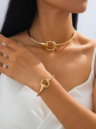 1pc Very Soft Material Golden Alloy Necklace Choker, 1pc Very Soft Material Golden Alloy Bracelet, Daily Wear, Festival, Gift, Women Jewelry Set