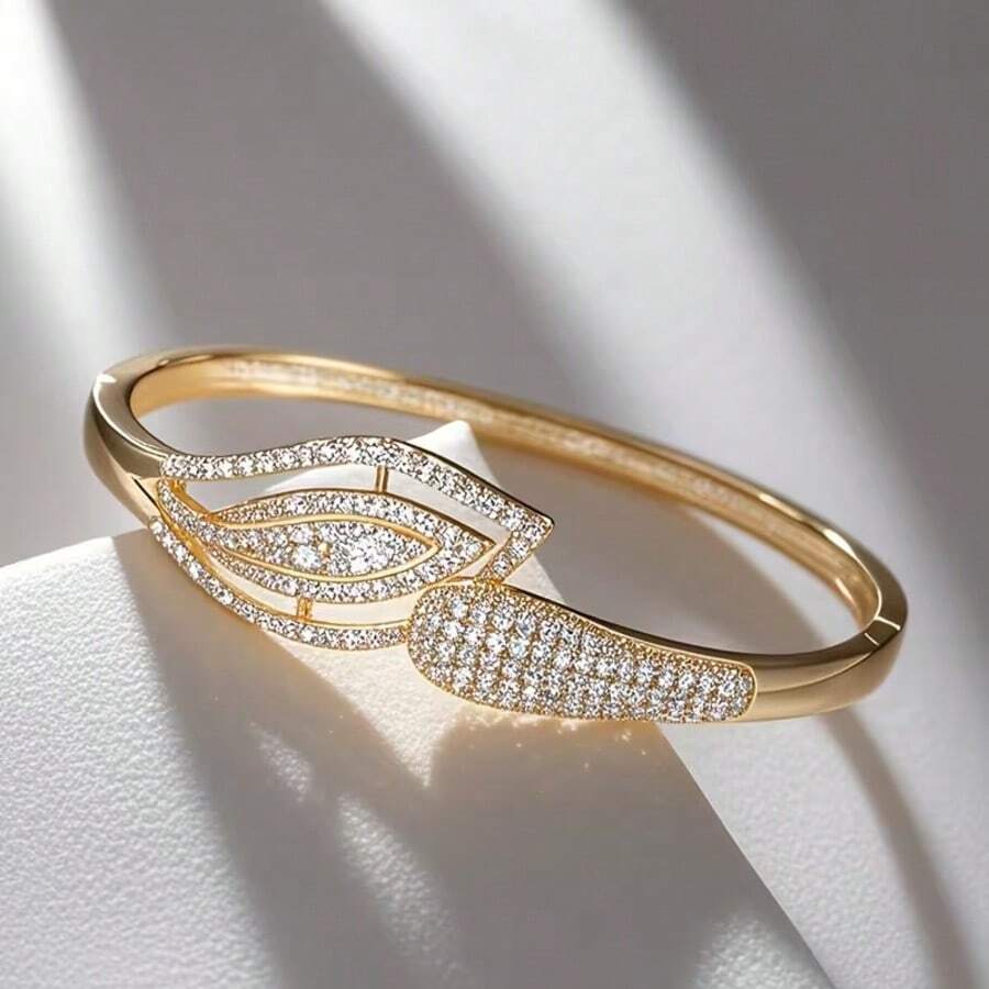 1pc 18K Gold Plated Copper Bracelet With Rhinestones, Elegant & Luxurious Leaf Design, Suitable For Daily Wear And Party Occasions - Multicolor - View 1
