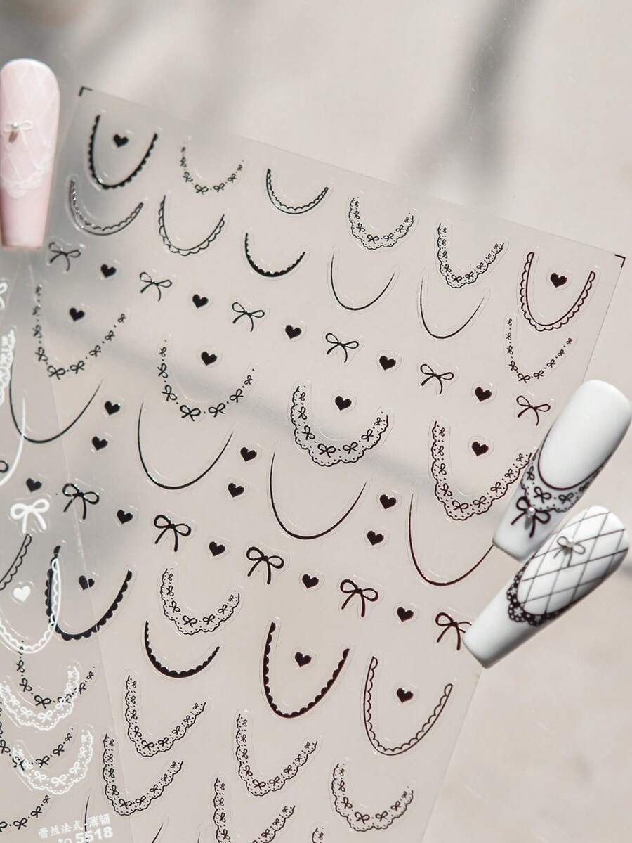 Miếng dán móng tay mỏng và bền, kiểu ren ballet, phụ kiện trang trí móng tay Pháp, nơ xinh xắn, họa tiết ren 3D, decal tự làm. - màu đen - Xem 1