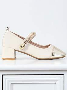 Women's Square Toe Mary Jane Pumps, French Contrast Color Strap Chunky Heels, Elegant Casual Wear, Suitable For Spring, Summer, Fall, Plus Size High Heels - Beige - View 4