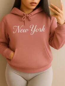 Nes Sport Sudadera informal de manga larga con capucha y bordado de Nueva York para mujer, con cordón y bolsillo, para fiestas - Salmón - Ver 3