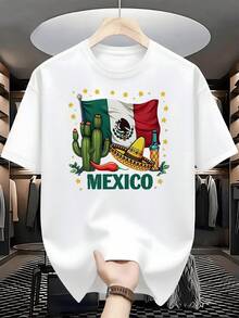 Mexican Flag Alongside Cactus, Sombrero, Chili Pepper, Bottle, And Stars Symbolizing The Vibrant Culture And Warmth Of The Country. Men's T-Shirt, 100% Cotton, 220g - 白色 - 查看 8