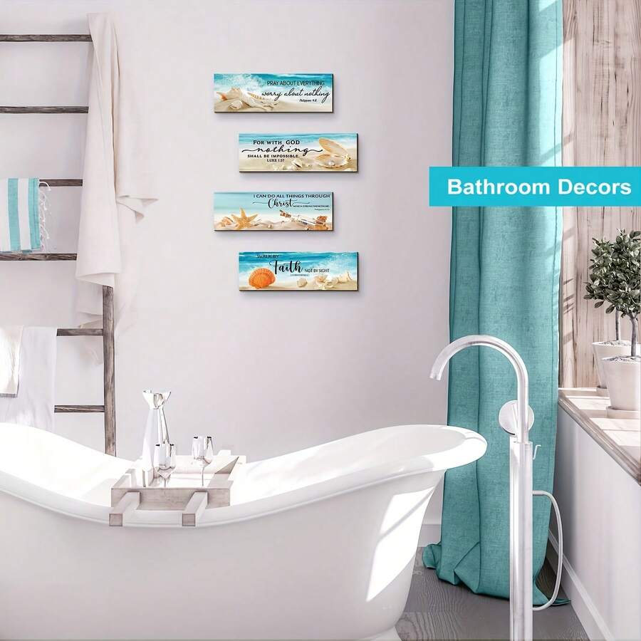 4pcs Rectangular Wooden Coastal Style Wall Decor Plaques, Vintage Fresh Beach & Ocean Theme, Inspirational Bible Verse Home Wall Art, Nautical Living Room Bedroom Entryway Decor, Spring Home Refresh Gift, Romantic Valentine's Day Couple Home Decor, Easter Seaside Healing Wooden Boards - Mint Blue - View 1