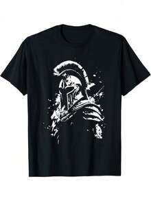 Black Cotton T-Shirt Men With Leonidas Spartan Helmet Graphic - Greek Warrior Style, Training And Casual T-Shirt, Breathable Summer T-Shirt, Regular Fit, Machine Washable, Stylish T-Shirt, Everyday T-Shirt, Eye-Catching Print, Soft Material, Printed T-Shirt, Streetwear Lovers, Gym Clothing, Stylish T-Shirt, Comfortable Material, Gym Goers - Black - View 2