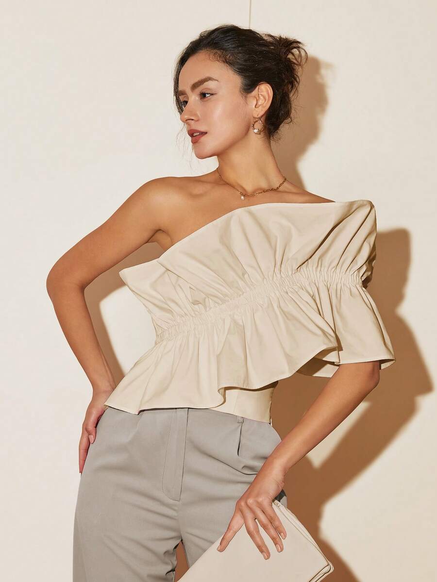 Summer Fashion One-Shoulder Ruffle Trim Blouse, Backless Crop Tops, Business Casual Vacation Outfits For Women