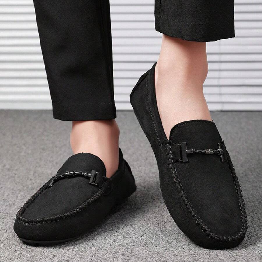 Men's Slip-On Loafers, Lightweight Handmade Stitching Solid Color Moccasins, Men's Casual Fabric Rubber Sole - Black - View 1