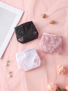 3条/包 纯色浪漫蕾丝女士丁字裤，可爱蝴蝶结装饰 无痕性感内衣