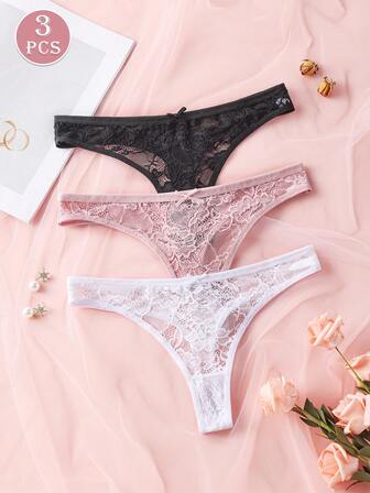 3pcs/Pack Solid Color Romantic Lace Women's Thong Panties, Cute Bow Decor Seamless Sexy Underwear