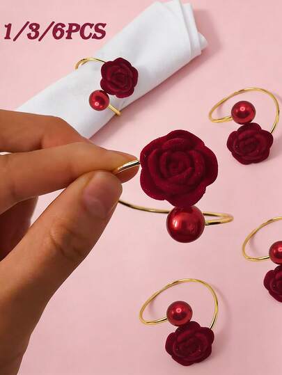 1/3/6 stuks Valentijnsdag servetringen, rode roos en parel metalen servethouders, herbruikbaar voor bruiloften/feesten, tafeldecoratie voor familiebijeenkomsten/banketten/hotels