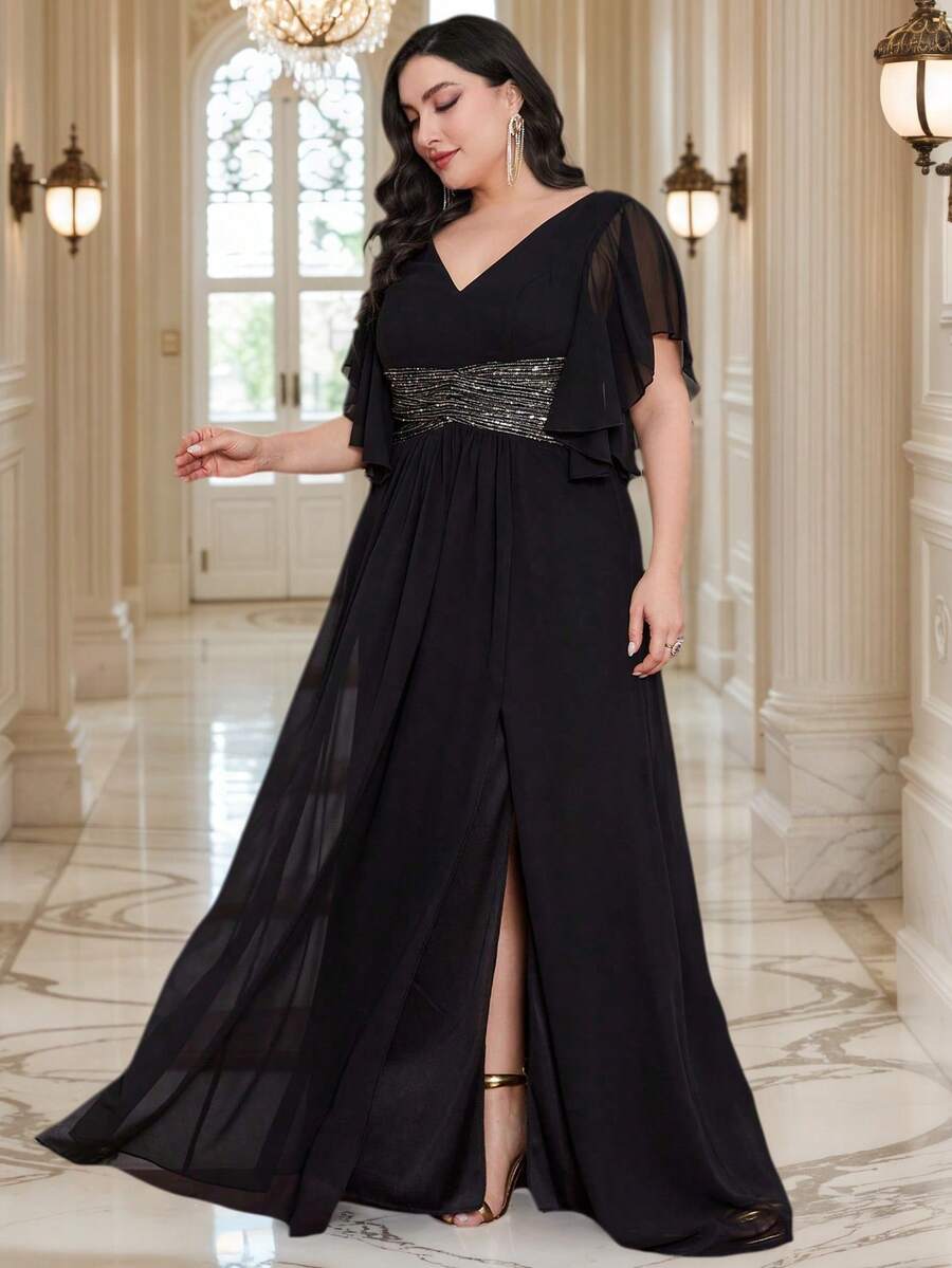 UNITHORSE Plus Size Bridesmaid Dress With Sequin Waist, Ruffle Hem And Side Slit, Chiffon - Black - View 1