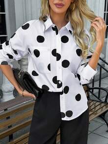 New Fashionable & Elegant Polka Dot Pattern Loose Women Long Sleeve Blouse With Asymmetrical Hem Spring - Black and White - View 8