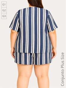 Plus Kimono And Printed Crepe Shorts Set - Xanh và trắng - Xem 5
