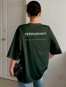 T-Shirt With "Perseverance" Print Lettering. Minimalist, Casual, Modern, Sophisticated, Simple, Basic, Summer, Oversized. - Army Green - View 2
