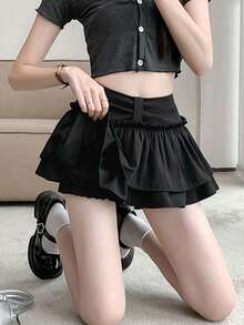 芭蕾舞风格泡泡迷你裙，A字廓形，适合春夏穿着 - 黑色 - 查看 3