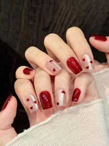 10片红色亮面心形印花人造指甲，甜美手工按压式指甲，适合女性日常佩戴和派对场合 - 紅色 - 查看 3