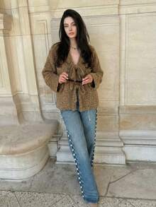 Jachetă vintage pentru femei cu decolteu în V și mânecă lungă, jachetă la modă, deschisă în față, top pentru femei cu nod în față, primăvară