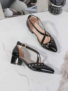 Teens Party High Heels, Fashionable Princess Pointed Toe Chunky Heel Pumps, Rivet Decor Stage Performance Gala Elegant High Heel Shoes - Black - View 4