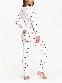 Holiday One Piece Pajamas For Women .Y Pink Heart Striped  Pajamas Cute Love Print Jumpsuit Sleepwear Romper - 白色 - 查看 3