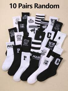 5/10双装儿童随机条纹、涂鸦、星形图案中筒袜，透气柔软运动袜，男女童通用，无缝 - 彩色 - 查看 13