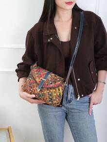 复古真皮编织拼接女士单肩斜挎包，小方包 - 彩色 - 查看 9