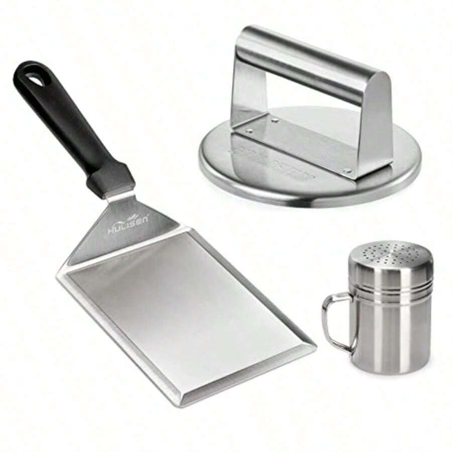 HULISEN Cupula de fusion de queso y prensa de hamburguesas aplastada cubierta redonda resistente de 9 pulgadas con triturador de hamburguesas de acero inoxidable kit de accesorios para parrilla plana para cocinar en interiores y exteriores - 6,2'' redondo, juego de 3 - Ver 1