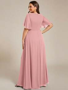 Elegant V-Neck Applique Ruffle Sleeve Chiffon Dress