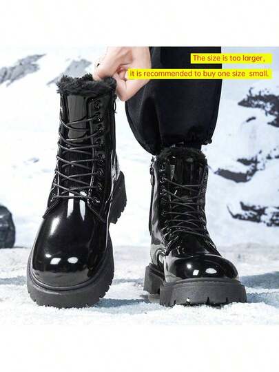 Unisex High-Top Warm Plush Soft Comfortable Rounded Toe Thick Sole Casual Versatile High-End Natural Sheen Boots (This Style Runs Large, Recommend Ordering One Size Down)