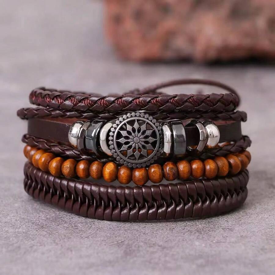 Men's Braided Brown Leather Bracelet Kit - Cà phê nâu - Xem 1