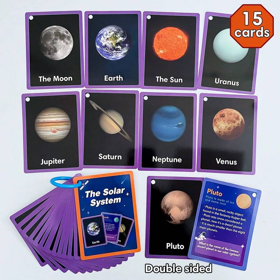 15Pcs Double Sided Solar System Flash Cards - Kids Planets & Space Educational English Learning Cards Preschool Astronomy Science Vocabulary Flashcards