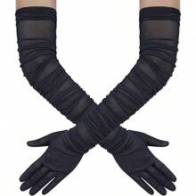 Women's Long Stretchy Ruched Mesh Tulle Sheer Gloves Costume Opera Party 1920's Dance Gloves - Navy - View 1