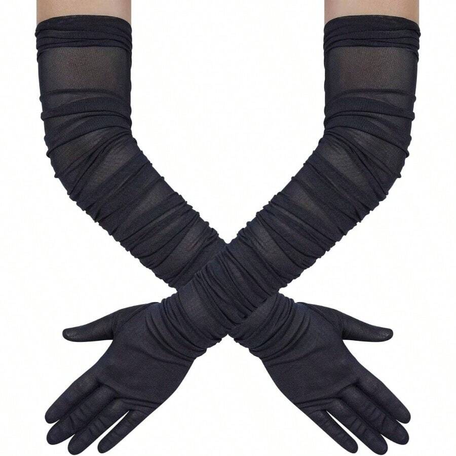 Women's Long Stretchy Ruched Mesh Tulle Sheer Gloves Costume Opera Party 1920's Dance Gloves - Navy - View 1