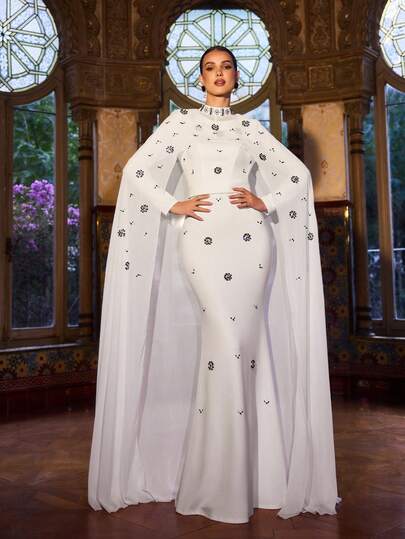 Faeriesty 女士优雅正式晚礼服两件套：无袖圆领鱼尾裙，配可拆卸珍珠披肩 - 非常适合婚礼招待会、黑领结晚宴、颁奖典礼和交响乐音乐会。