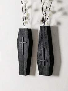 1pc/2pcs Gothic Coffin Wall Hanging Vase, Black Cross Wooden Wall Mounted Planter, Home Decor, Eerie Gothic Vase, Wall Hanging Plant Holder, Mystical Occult Aesthetic Decor, Living Room Bedroom Gothic Shelf Decor, Fashionable Dark Gothic Vase, Handmade Wooden Coffin Vase